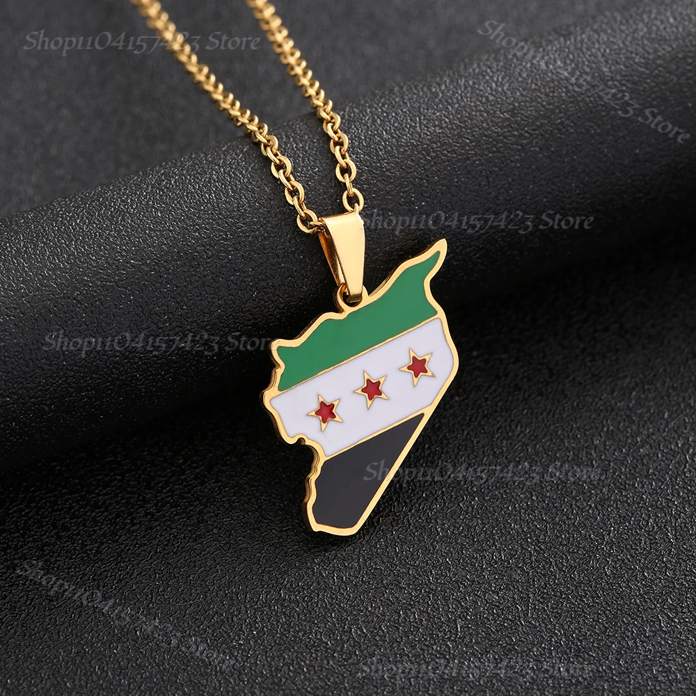 Syria Map Flag Pendant Necklace Stainless Steel For Women Men Gold Silver Color Charm Fashion Choker Syrians Jewelry Gift