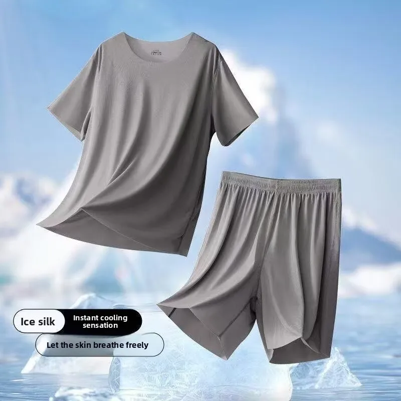 

Комплект из шорт и футболки из ледяного шелка с коротким рукавом для женщин: летняя тонкая прохладная домашняя одежда, свободный простой однотонный комплект для сна, универсальный