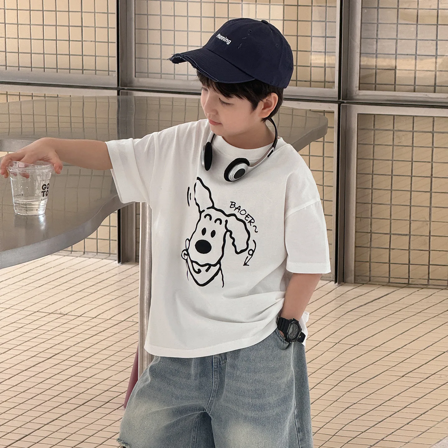 

2025 Boys' Spring/Summer New Fashion Kids' Clothes Cute Puppy Print Round Neck Children's Short Sleeve T-Shirt