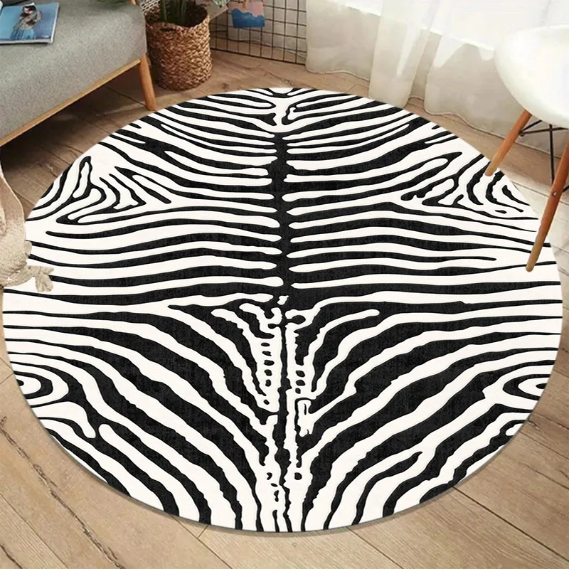 Distressed Zebra-Print Runder Teppich, Schwarz-Weiß Tiermuster Rutschfeste Bodenmatte, Moderner Wohnzimmer-Dekor Teppich Bodenmatten