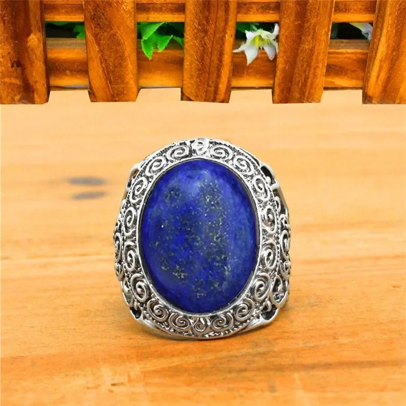 Vintage Lapis Lazuli Rings, Natural Stone Flower Ring, Antique Silver Plated Ancient Fashion Jewelry TR746