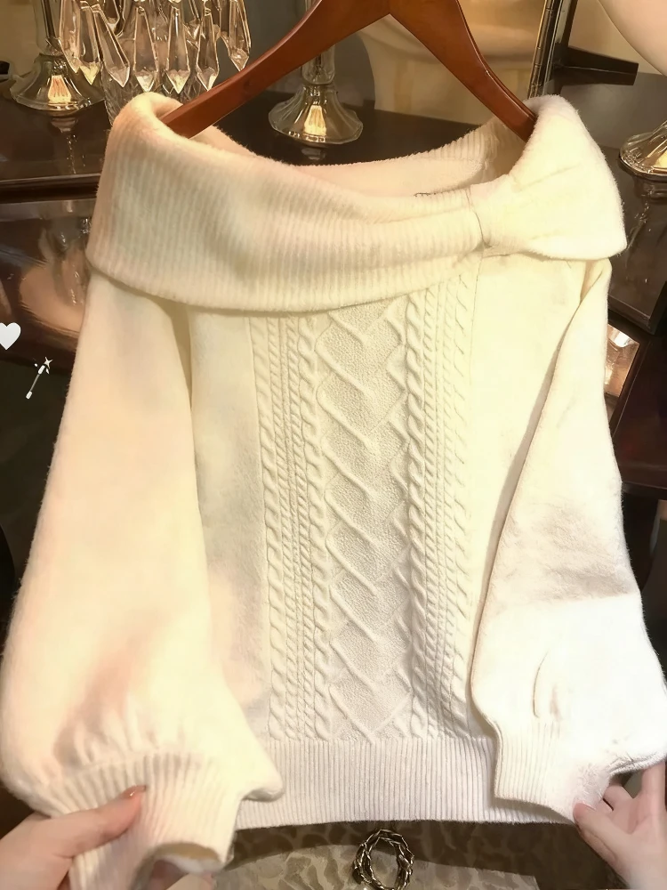 Ladies Vintage Sweet Knit Pullover  Off Shoulder Long Sleeve Soft Cable Knit Daily Wear Sweater Top