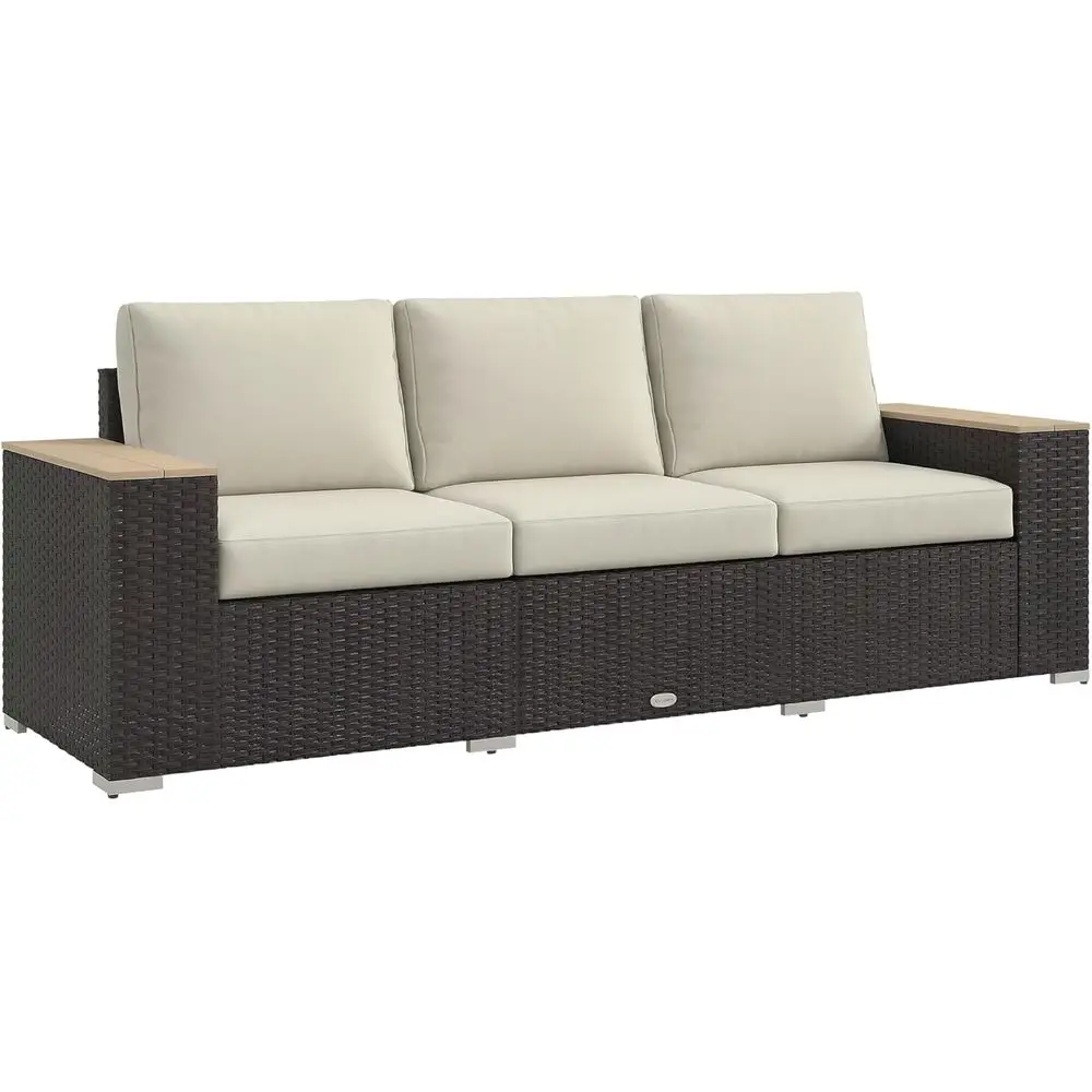 

3-местный диван для патио на открытом воздухе с очень широкими глубокими сиденьями 24,5, плетеный диван из полиэтилена с широкими подлокотниками с эффектом дерева и 4 подушками, ротанг