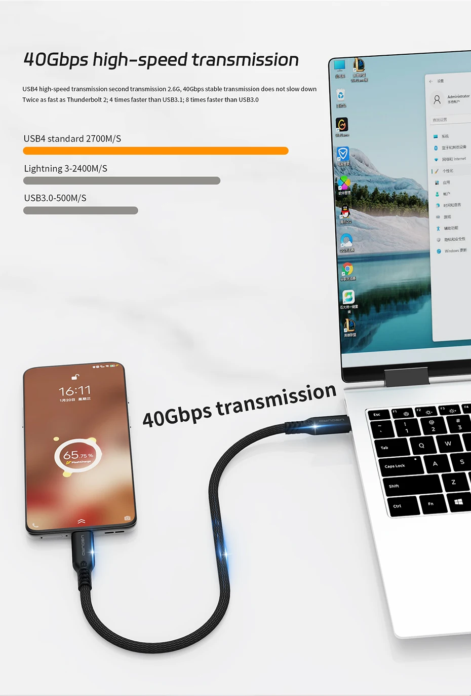 UGOURD Thunderbolt 4 USB4-Kabel 40 Gbit/s Thunderbolt3 0,2 m-2 m 3 m Typ-C-Schnellladekabel 240 W Datenübertragung USB C für Laptop SSD – Detail 2