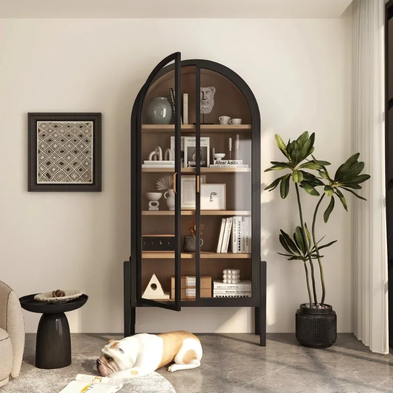 

Nordic medieval wood arched bookcase with glass door wine cabinet
