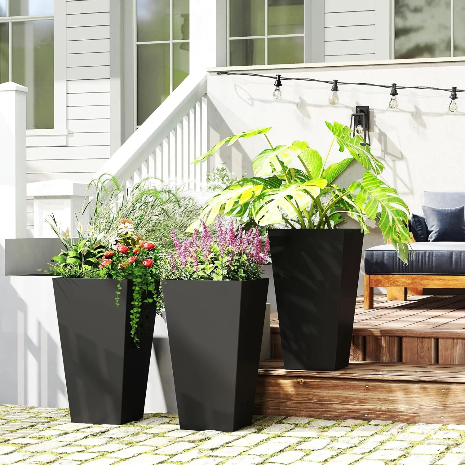 

Tall Planters for Outdoor Plants Set of 3, 28 in Taper Planters with Drainage Holes, Indoor Grande Plant Pots, Front Porch,Black