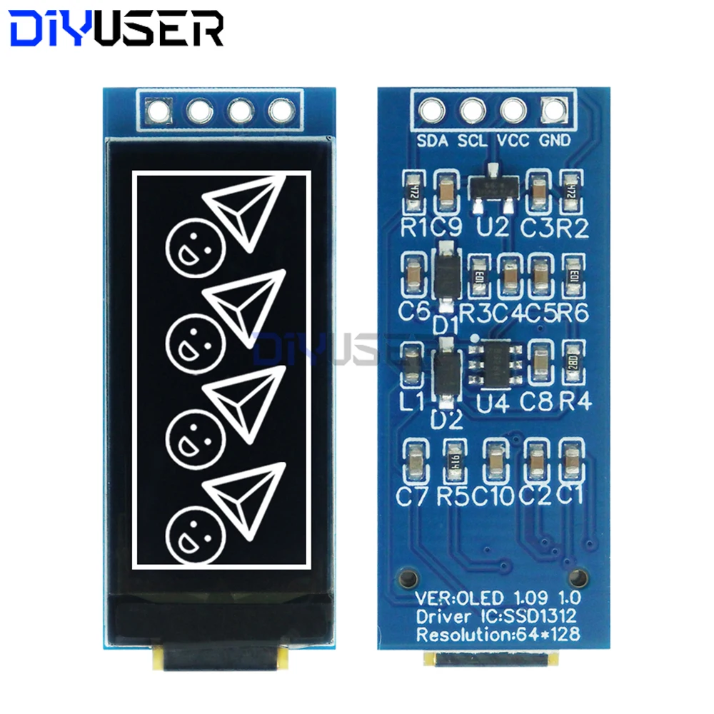 Módulo de exibição OLED de 1,09 polegadas 128x64 branco SSD1312 I2C, interface de 4 pinos para Arduino Raspberry Pi, visão ampla de baixa potência
