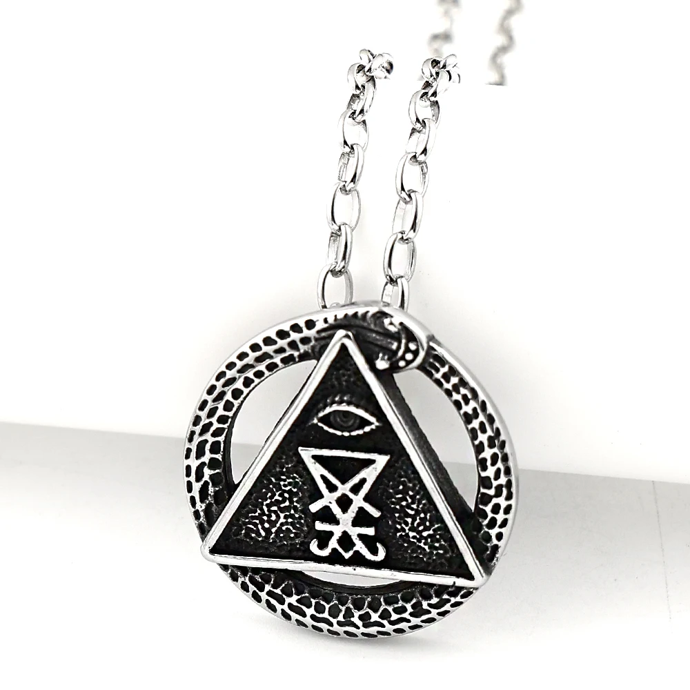Sigil Church of Satan Evil Eye Ouroboros Triangle Stainless Steel Pendant Necklace for Men Seal of Lucifer Gothic Chain Jewelry
