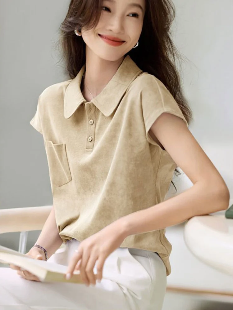 

Korean Sle Collar ort Sve T-irt Pure Cotton Button up Overhead Summer Faionable Women's irt Commute Sle