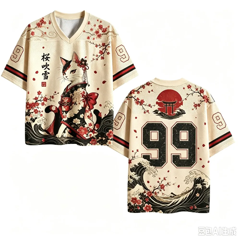 Japanischer Stil Kirschblüten-Katze 3D-Druck Schnelltrocknend Atmungsaktiv Sport Herren Damen V-Ausschnitt Loses T-Shirt Modisches Y2K Parentagl Kleidungsstück – Detail 4