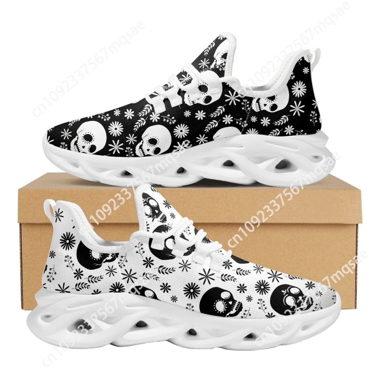 

Custom Breathable Air Cushion Sneakers Gothic Skull Pattern Mesh Running Shoes for Women Mens Light Lace-up Zapatillas 2023