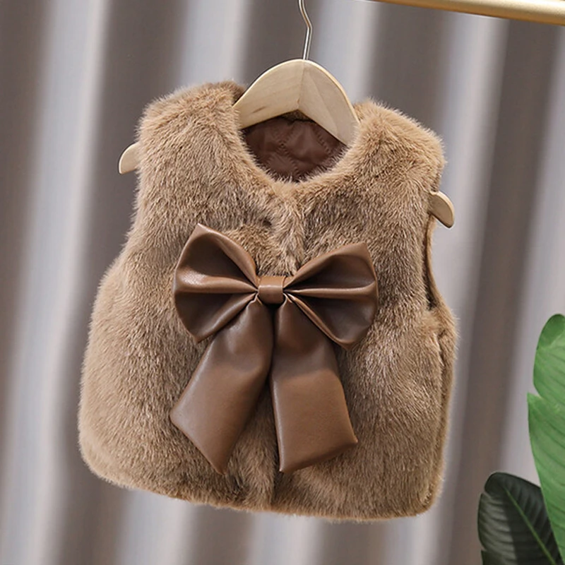 

Жилет из искусственного меха для девочек, осень-зима, новый однобортный однобортный толстый плюшевый жилет с бантом для детей 2-10 лет, теплая верхняя одежда
