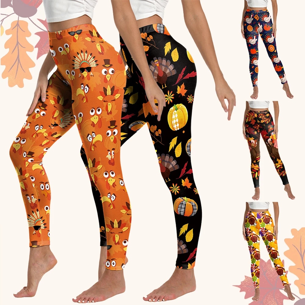 Zawaland Turkey Print Leggings for Women Thanksgiving Day Party Costumes 3D Printed Skinny Pants Streetwear Yoga Leggings