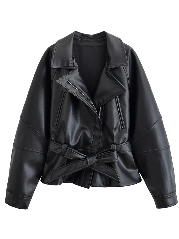 TFMLN Giacca da donna in ecopelle con cintura Colletto rovesciato nero Maniche lunghe Tasca con cerniera Cappotti corti da donna Streetweer