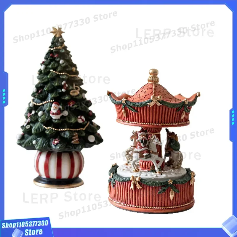 Cute Resin Santa Claus Train Music Box Christmas Tree Carousel Ornament Holiday Gift for Girls Kids Home Decoration European