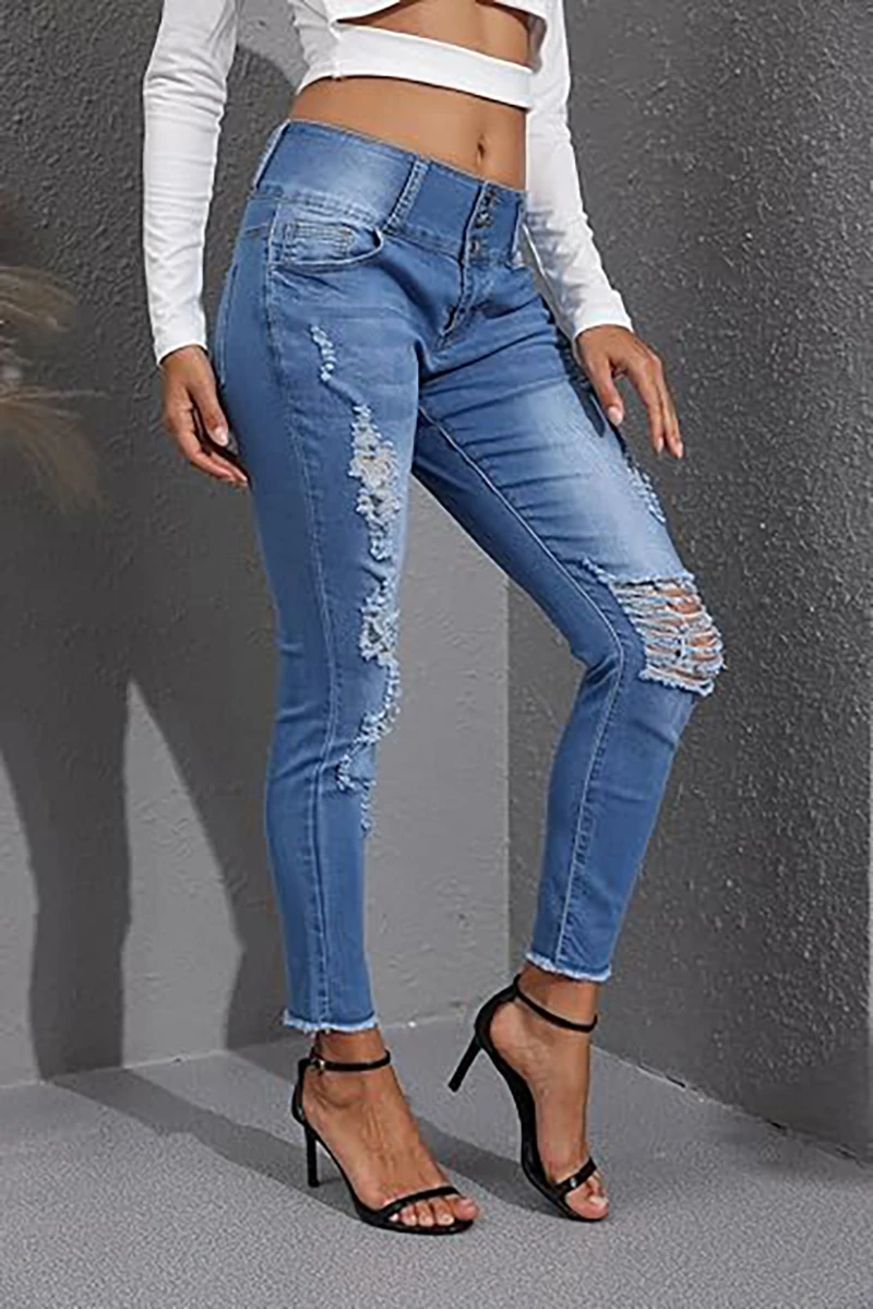 

Esuo Women Jeans High Waist Destroyed Denim Pants High Street Casual Stretch Skinny Jeans for Women ropa de mujer pantalones