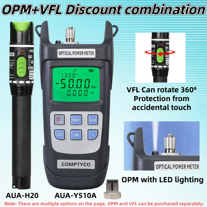 

AUA-Y510A оптический измеритель мощности и Визуальный дефектоскоп FTTH Fiber Tester Tool Kit (опционально) OPM(-50 ~ + 26 дБм) и VFL(20/1/10/30/50mW)