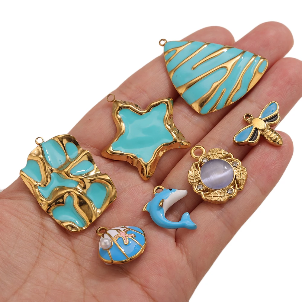 1-20Pcs 3D Sea Animals Enamel Charm 18K Stainless Steel Boot/Gourd/Love Rhinestone Pendant DIY Necklace Jewelry Women Gifts Bulk
