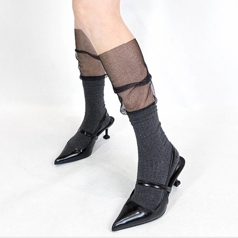 

Soft Sweet Lolita JK Calf Socks Cotton Solid Color Splicing Lace Mesh Socks Thin Bunching Socks Mid-tube Stocking Lady Girls
