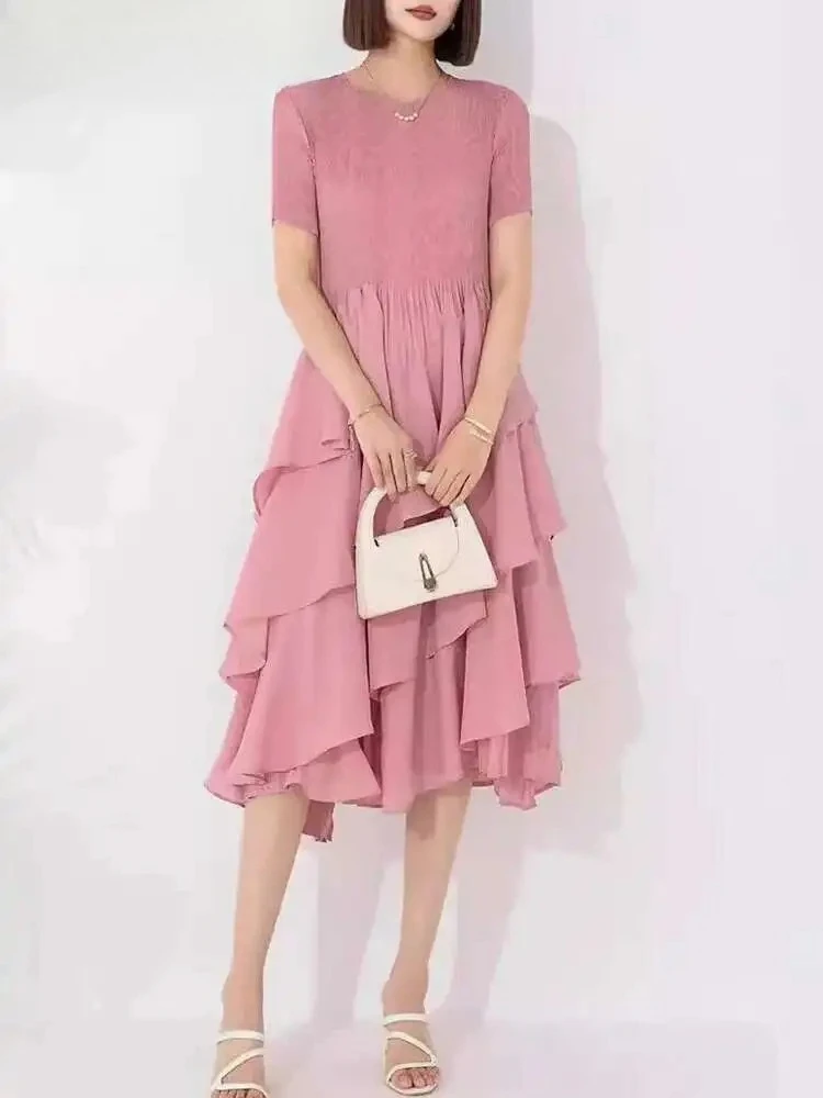 

Women's Miyake 2025 Summer New Dresses Pleated Fashion Casual Dress Pure Colour Round Neck Short Sleeve A-Line Midi Elegant