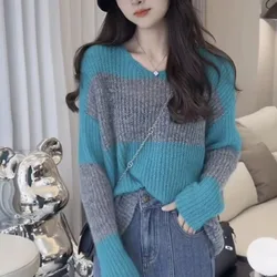 Women's Striped Pullover Korean Loose Knit 2023 Autumn and Winter Casual Round Neck Long Sleeved Sweater Tops Female Clothing