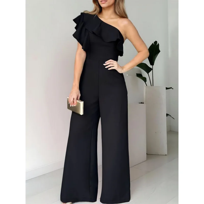 New hot  selling  Shaping One-Piece Jumpsuit Women's Plain Single Shoulder Ruffle European Style Fashion