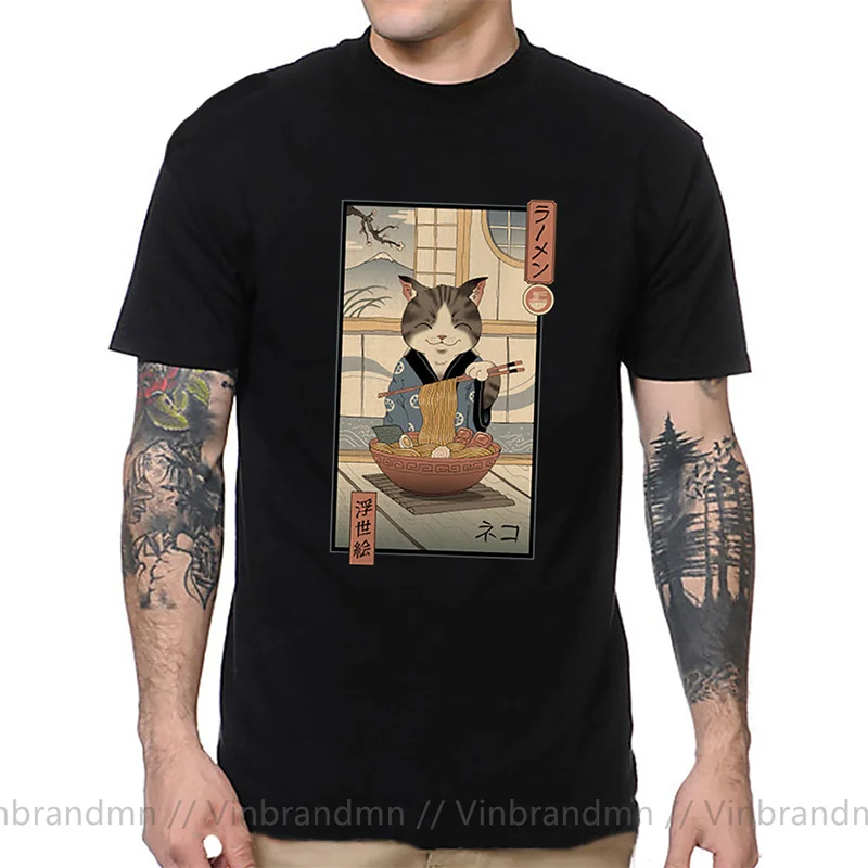 Japanese Style Neko Ramen Ukiyo-e T shirts men Japan Yummy Food Tee shirt Cute Ramen Cat T-shirts Animal Printed tshirt