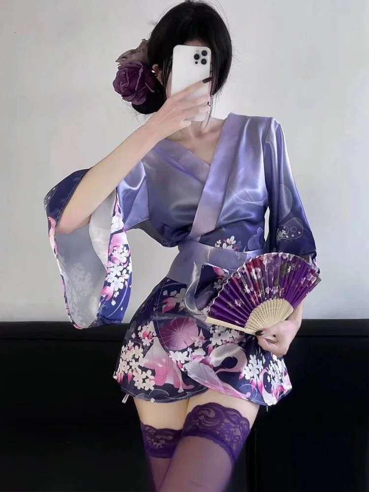 Purple Kimono Sexy V Neck Mini Dress Flower Dream Anime Cardigan Clothing Printing Dress Elegant Fashion Women Tops PQ1P
