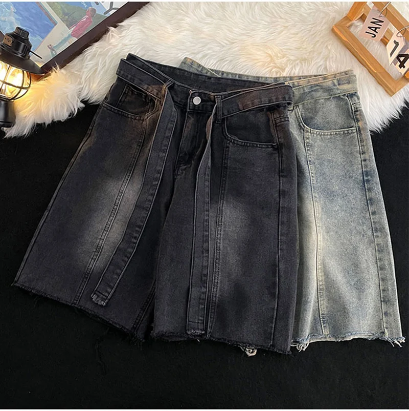 

Летние мужские джинсовые шорты на молнии с поясом, шорты в американском стиле, повседневные модные мужские рваные джинсы длиной до колена в стиле ретро