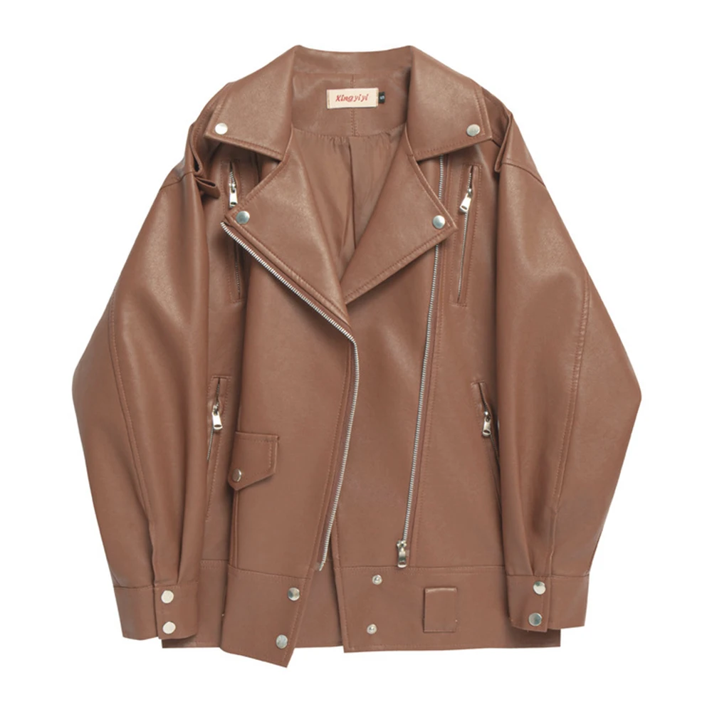 

Women's New Korean Motorcycle Style Leather Jacket Hong Kong Style PU Oversized Zipper Design Medium Long Loose Leather Coat