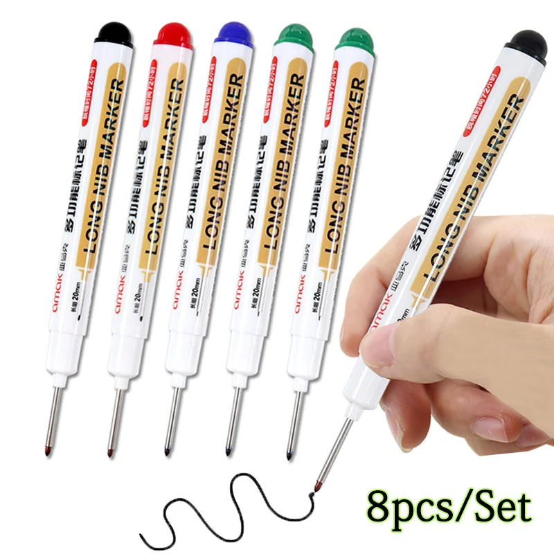 8pcs/Set Black Extended Deep Hole Long Nib Head Marker White Pen Long Nib For Metal Site Ceramic Tile Scribe Oiliness Waterproof