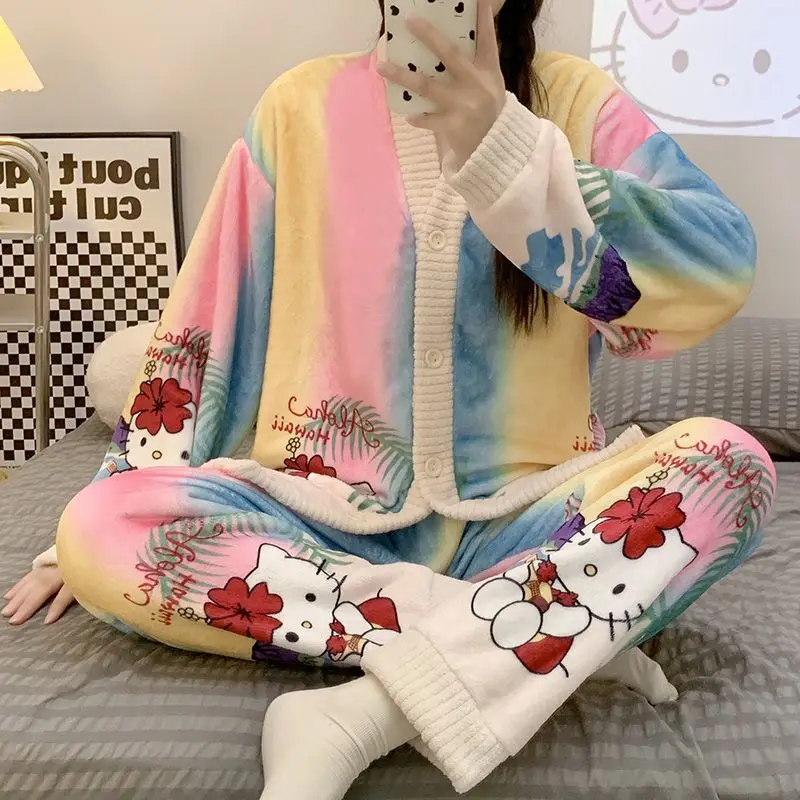 Kawaii ملابس المنزل 2 قطعة مرحبا كيتي محبوك منامة الشتاء فضفاض كسول نمط الصوف موضة تنوعا نصف طول كم مجموعة