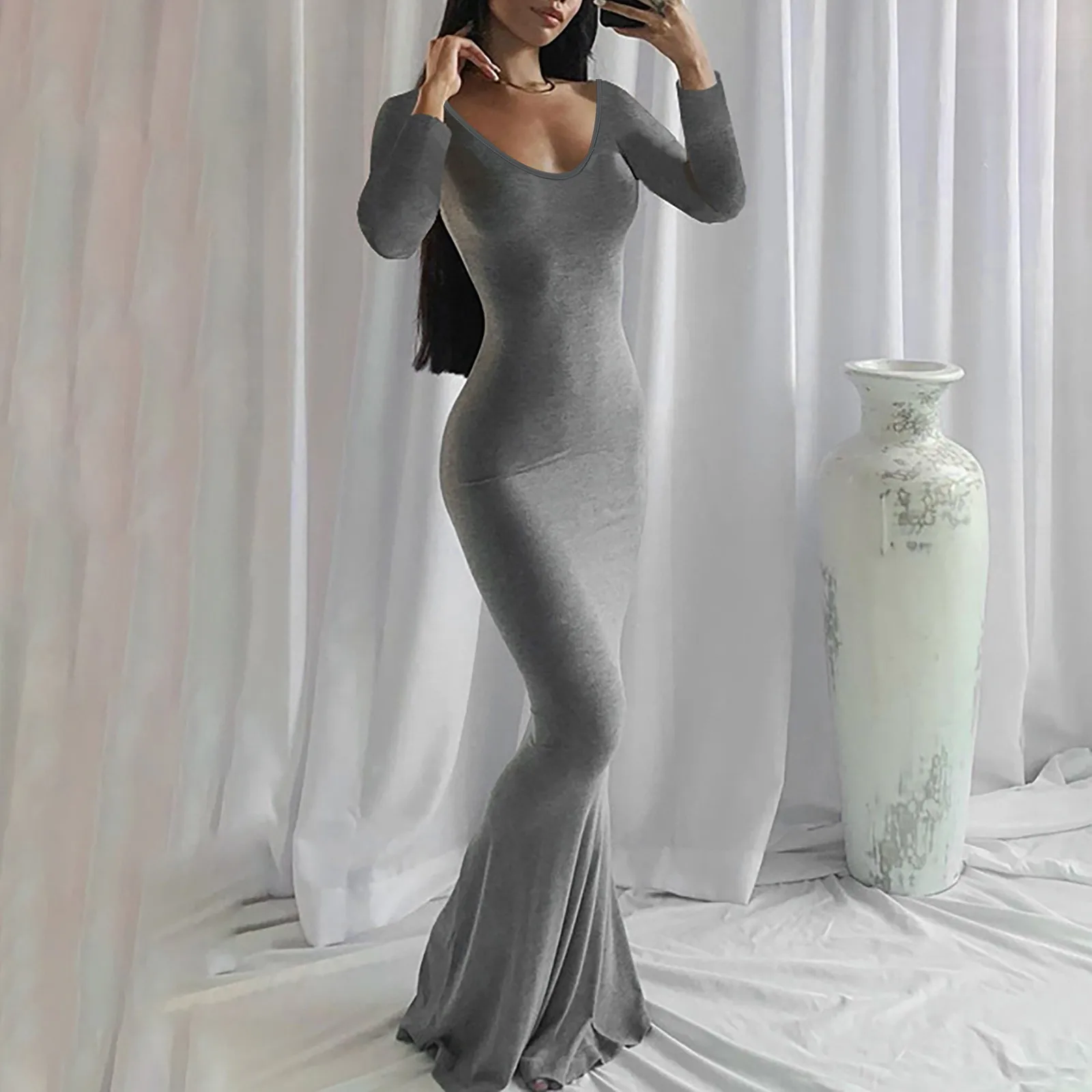 

Women's Solid Color V Neck Slimming Fit Elegant Sexy Dress 2024 Y2K Satin Slip Long Sleeves Backless Tight Fitting Long Dresses