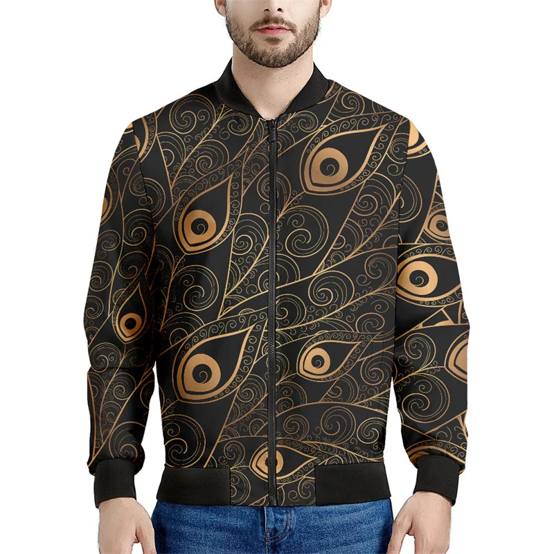 

Peacock Feather Pattern Zipper Jacket For Men Fashion Floral 3D Printed Long Sleeves Casual Loose Tops Jackets Coat Streetwear