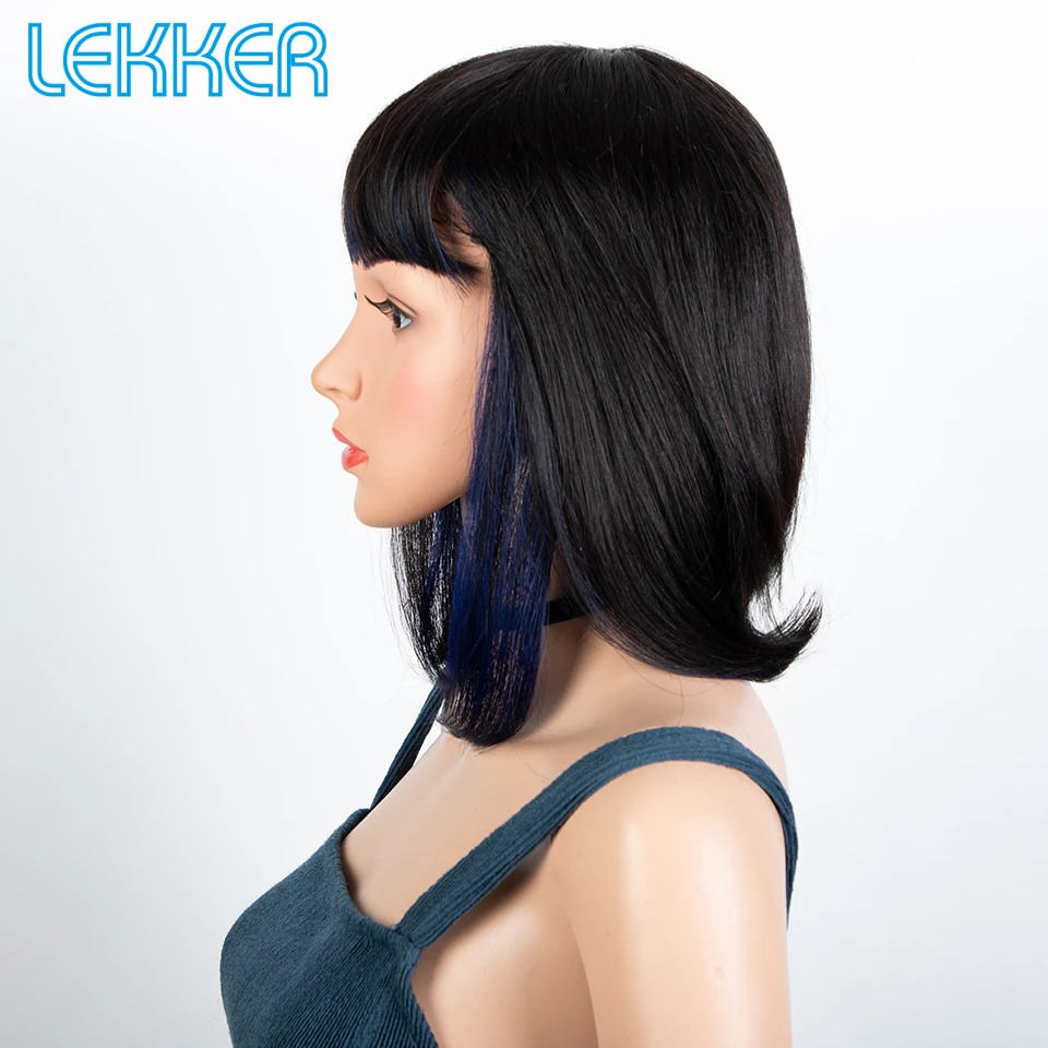 Lekker-peruca de cabelo humano curto com franja para mulheres, perucas de cabelo curto, destaque azul, cabelo remy brasileiro, peruca cosplay