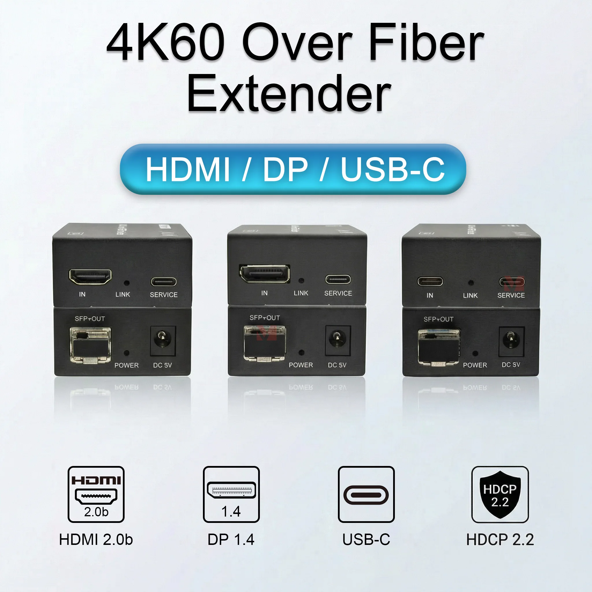 

Удлинитель HDMI/DP/USB-C 4K60 по оптоволокну до 10 км через одномодовый кабель в SFP-модулях по OM4 до 300 м, приемопередатчик
