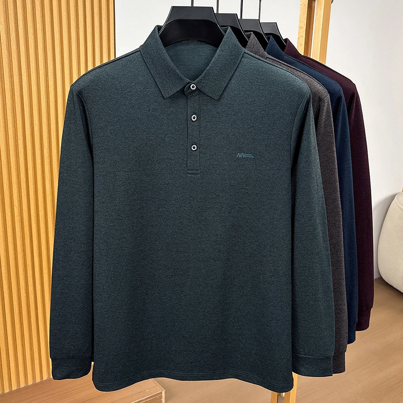 Klassisches Herren-Poloshirt für den Herbst in Unifarbe, aus Baumwolle, weich, langärmelig, mit Kragen, bequemes Freizeit-T-Shirt für Herren. – Detail 5
