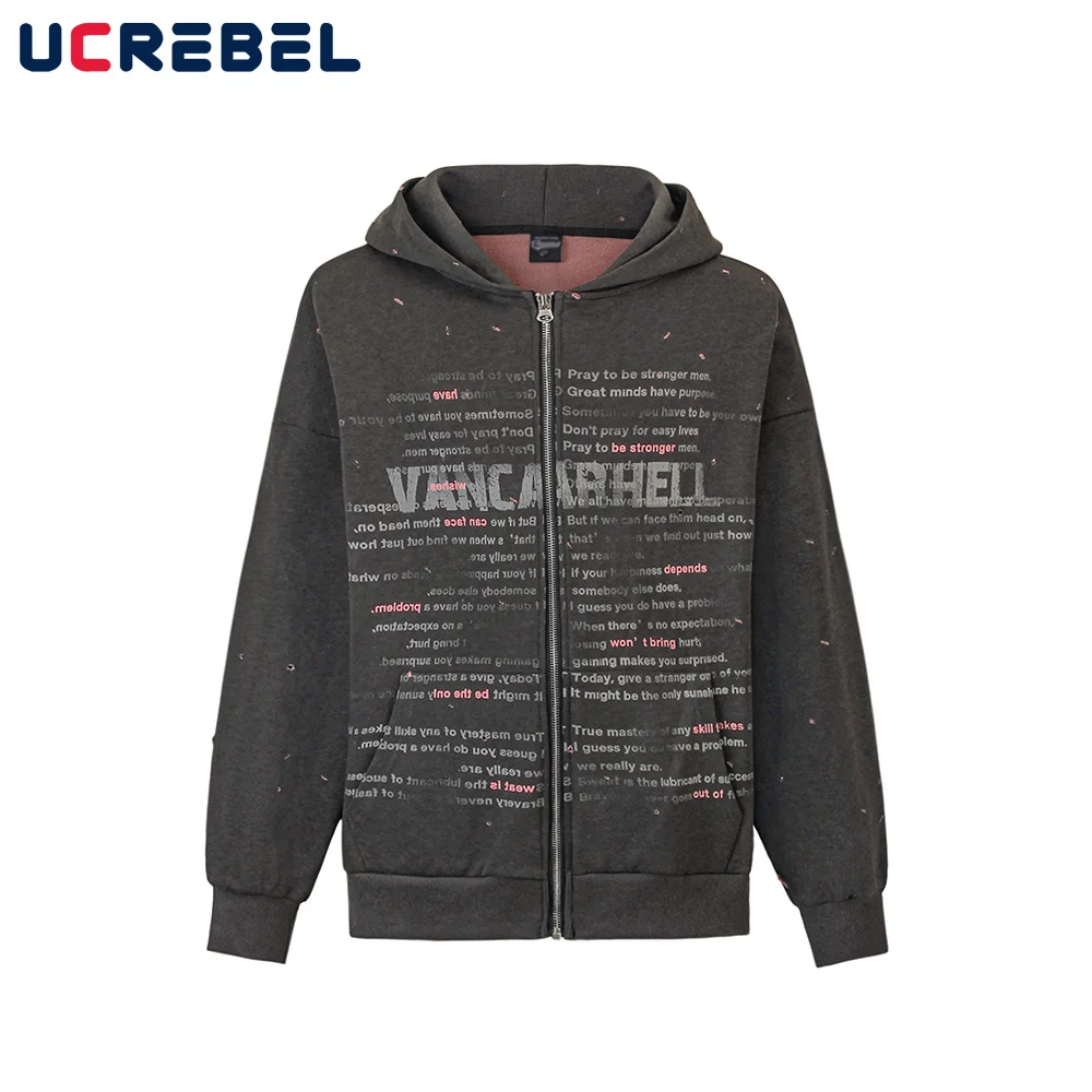 Letter Print Ripped Hoodies Mens Distressed High Street Loose Long Sleeve Hooded Sweatshirts Outerwear Men