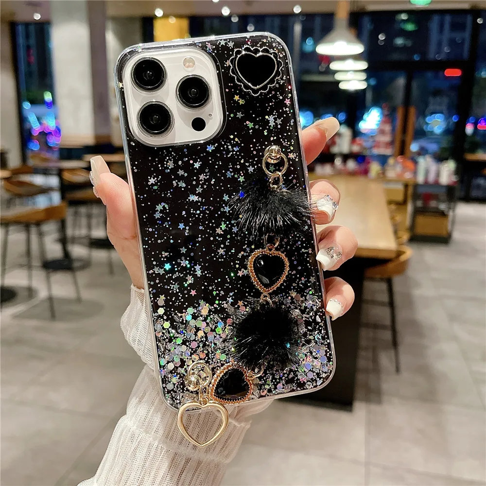 Luxury Glitter Love Heart Plush Bracelet Case For Samsung A05 A05S A15 A14 A24 A34 A54 A13 A23 A33 A53 A32 A52S A51 A71 Cover