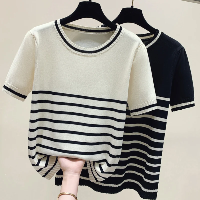 2023 Summer Women O-Neck Cashmere Wool Knitted Pullovers Short Sleeve Loose Jumper Knitwear Sweaters Striped Casual Tops