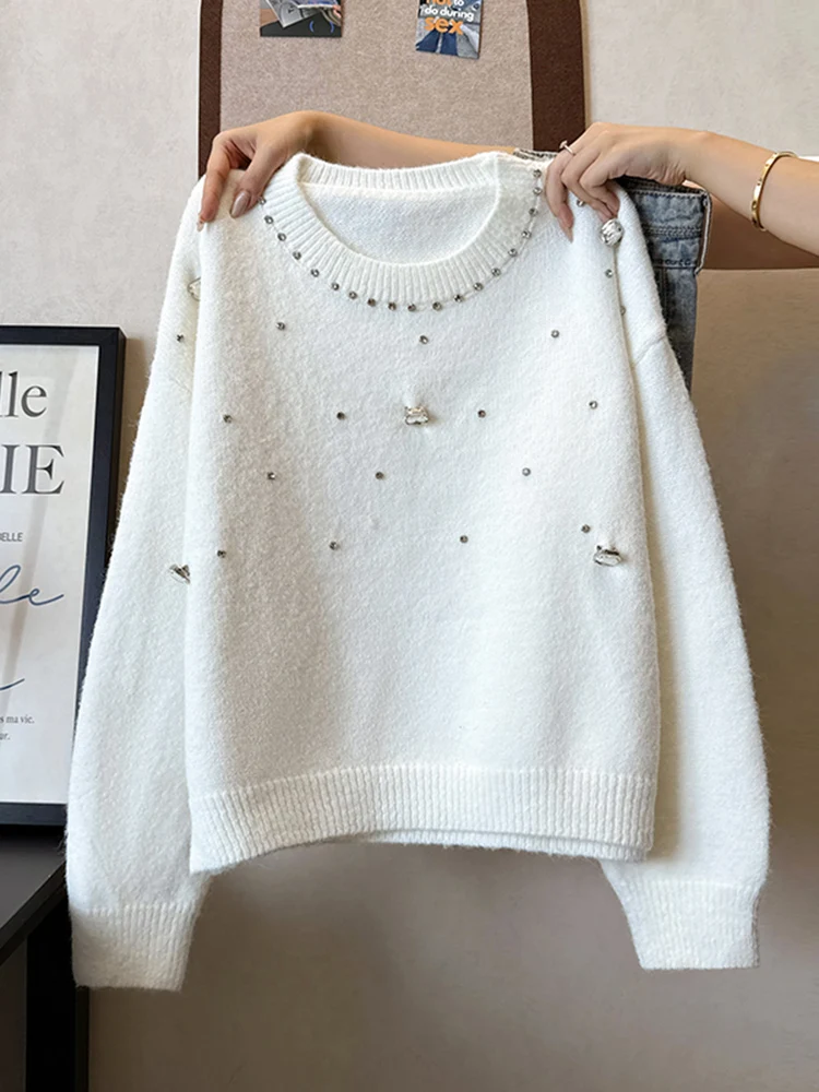 

Французский свитер крупной вязки с бриллиантовой отделкой, женский, свободного кроя, белый, с длинными рукавами, для осени и зимы