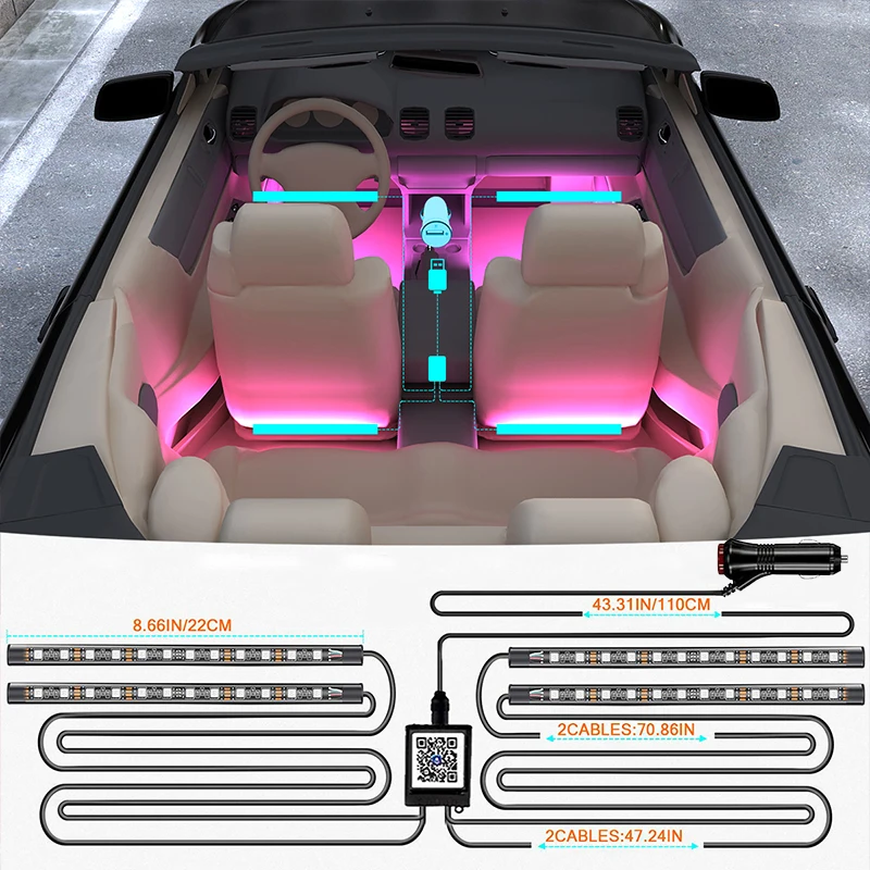 RGB LED Car Ambient Interior Light Strip Sync to Music Bluetooth App Control Auto Decoration Lamp - Music Syncing Interior Light