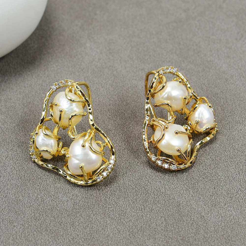 G-G  Freshwater Cultured White Keshi Pearl Big Hook Earrings
