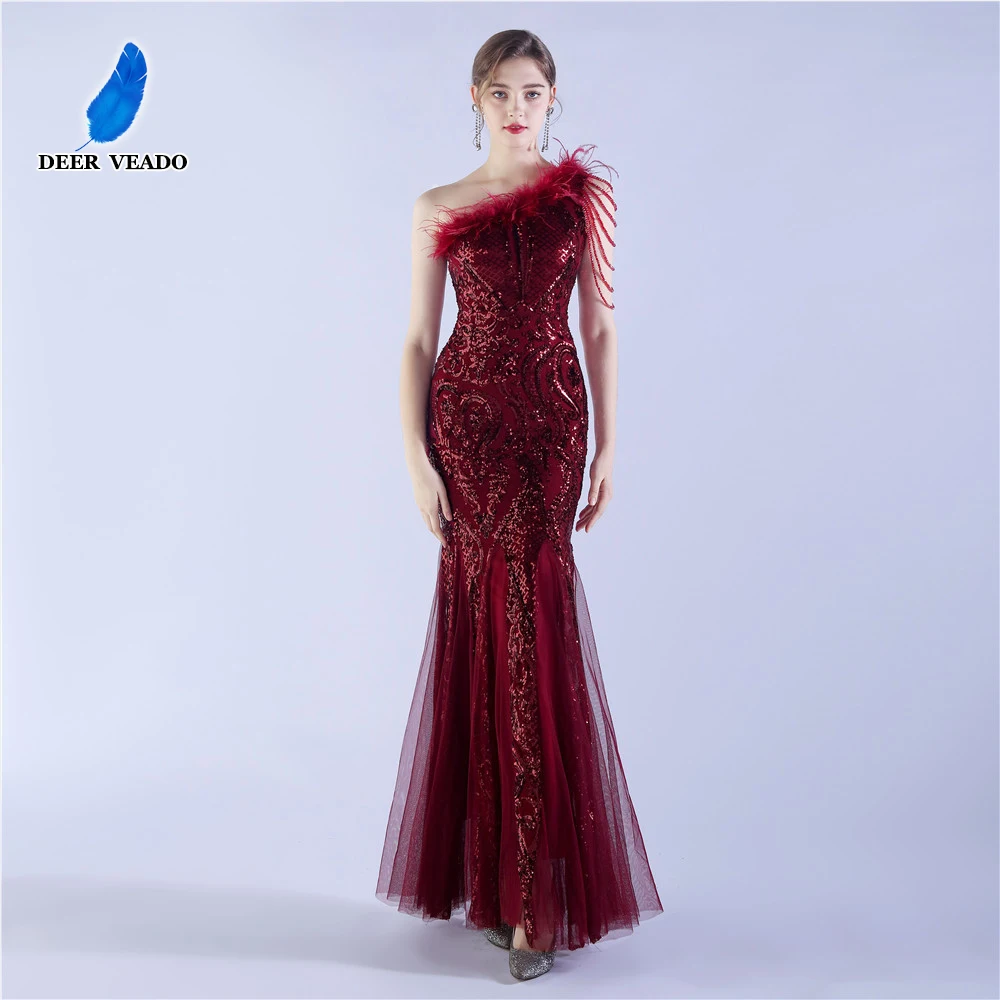 DEERVEADO One Shoulder Mermaid Sequins Evening Dress Elegant for Woman Formal Party Maxi Dress Special Occasion Dress Prom Gown