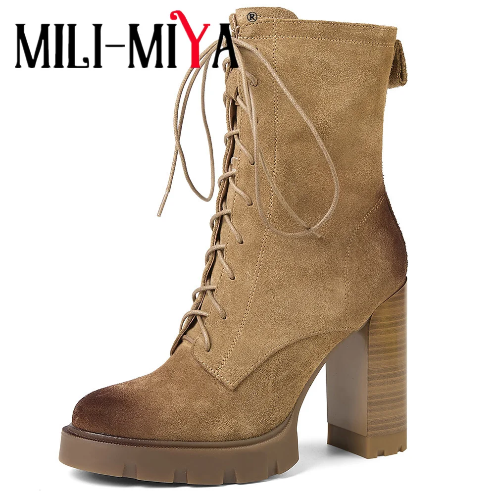 

MILI-MIYA Women's Retro Cow Suede High Ankle Boots Round Toe Ultra High Chunky Heel Solid Colour Casual Shoes Handmade For Ladie