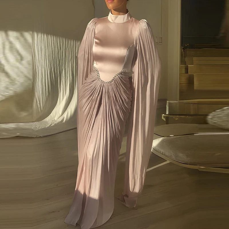 Casual Shawl Long Sleeve Solid Wedding Dress Women Fashion Pleated Waisted Long Dress Elegant O-neck Diamond Embellished Gowns