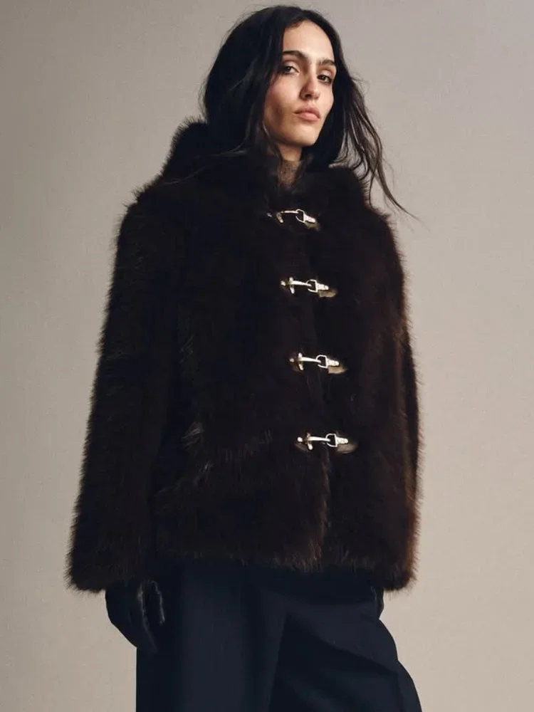 여성 겨울 데일리 스트리트 코트 브라운 후드 인조 모피 재킷 여성 캐주얼 시크 긴팔 싱글 브레스티드 루즈 숏 아우터웨어