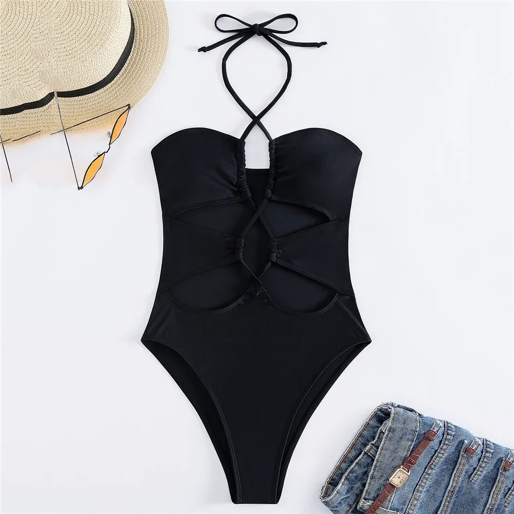 Sexy Zwarte String Halter Hollow Out Badmode Eendelig Badpak Vrouwen 2025, Uitgesneden Monokini Badpak Hoge Cut Zwemkleding