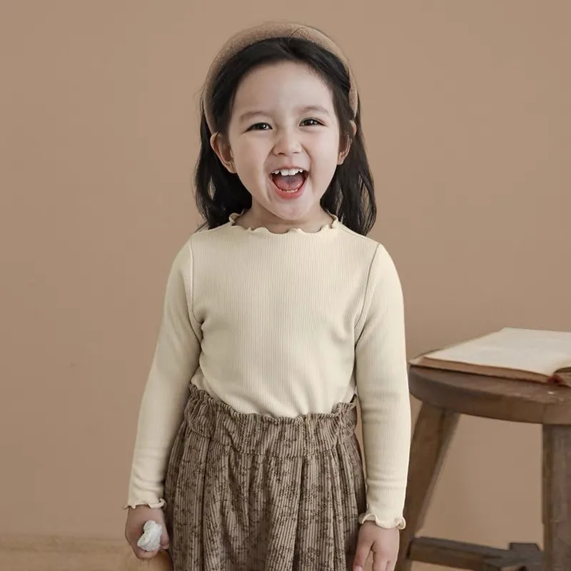 2024 Autumn Toddler Girl Undershirt Solid Ruffle Collar Korean Infant Baby Girl Tops Cotton Long Sleeve Children Girl Bottom Tee