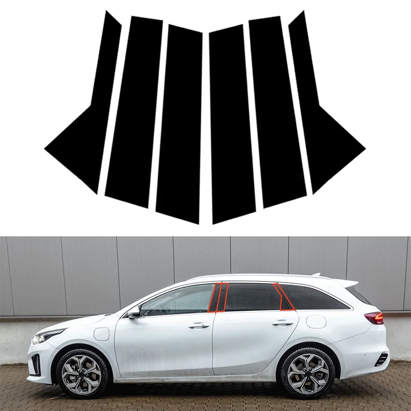 Image of 6-teiliges Set Glänzend Schwarze Äußere Säulenverkleidungen für KIA CEED WAGON 2019 2020 2021 2022 2023 2024 Türfenster B-Säulen-Zierleisten Abdeckungen